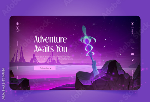Sword in stone on alien planet surface. Adventure awaits you cartoon landing page for game or virtual travel for kids. Arthur king excalibur stuck in rock, ancient magic blade Vector web banner design