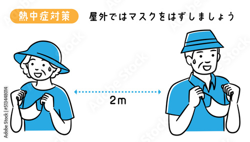 熱中症予防のため距離をとってマスクをはずすシニア男女のイラスト