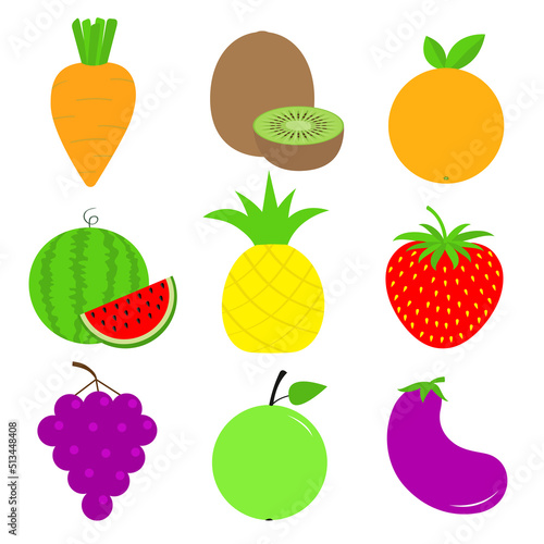 Fruit vegetable berry food icon set. Carrot  watermelon  eggplant  pineapple  strawberry  apple  grape  kiwi  orange. Cute cartoon kawaii decoration element. Flat design. White background.