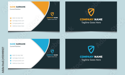 Simple unique clean abstract professional real estate company stationary creative visiting corporate modern name business card template design dark blue orange color.