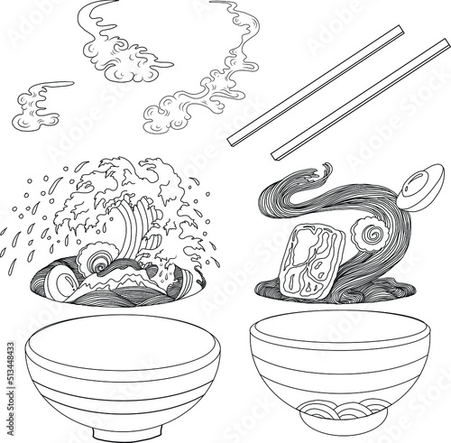 Traditional Japanese ramen and wave for restaurant printing on wallpaper.Ramen vector illustration for doodle art.Sunrise with chopsticks vector for painting on background.