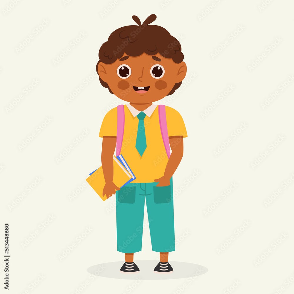 School kid with school supplies. Kid with backpack and book. Colorful cartoon character. Flat vector illustration.