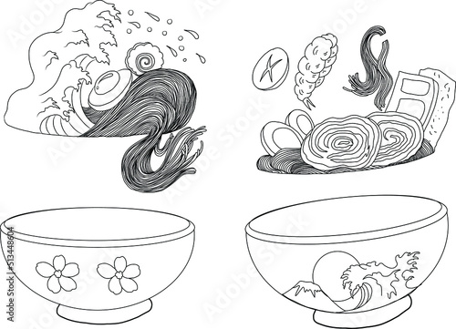 Traditional Japanese ramen and wave for restaurant printing on wallpaper.Ramen vector illustration for doodle art.Sunrise with chopsticks vector for painting on background.