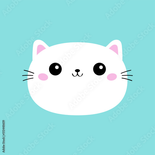 White cat kitten kitty round icon. Kawaii cute cartoon character. Funny happy face. Baby greeting card tshirt notebook cover template. Happy Valentines Day. Flat design. Blue background. Isolated.