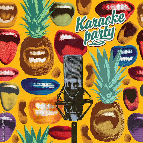 Bright vector illustration for karaoke party with colorful singing mouthes, grimasing pineapples and microphone on a yellow background. Suitable for music poster, advertising banner, invitation, flyer