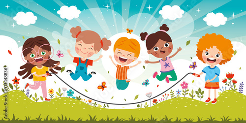 Cartoon Kids Playing Jumping Rope