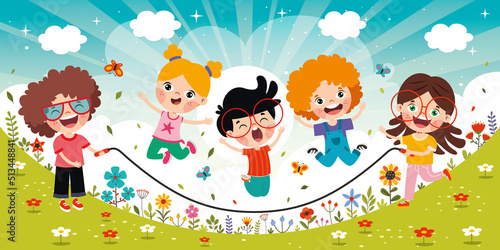 Cartoon Kids Playing Jumping Rope