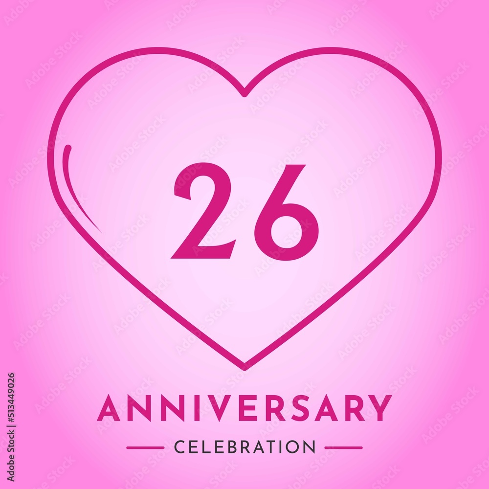 26 years anniversary celebration with heart isolated on pink background. Creative design for happy birthday, wedding, ceremony, event party, marriage, invitation card and greeting card.