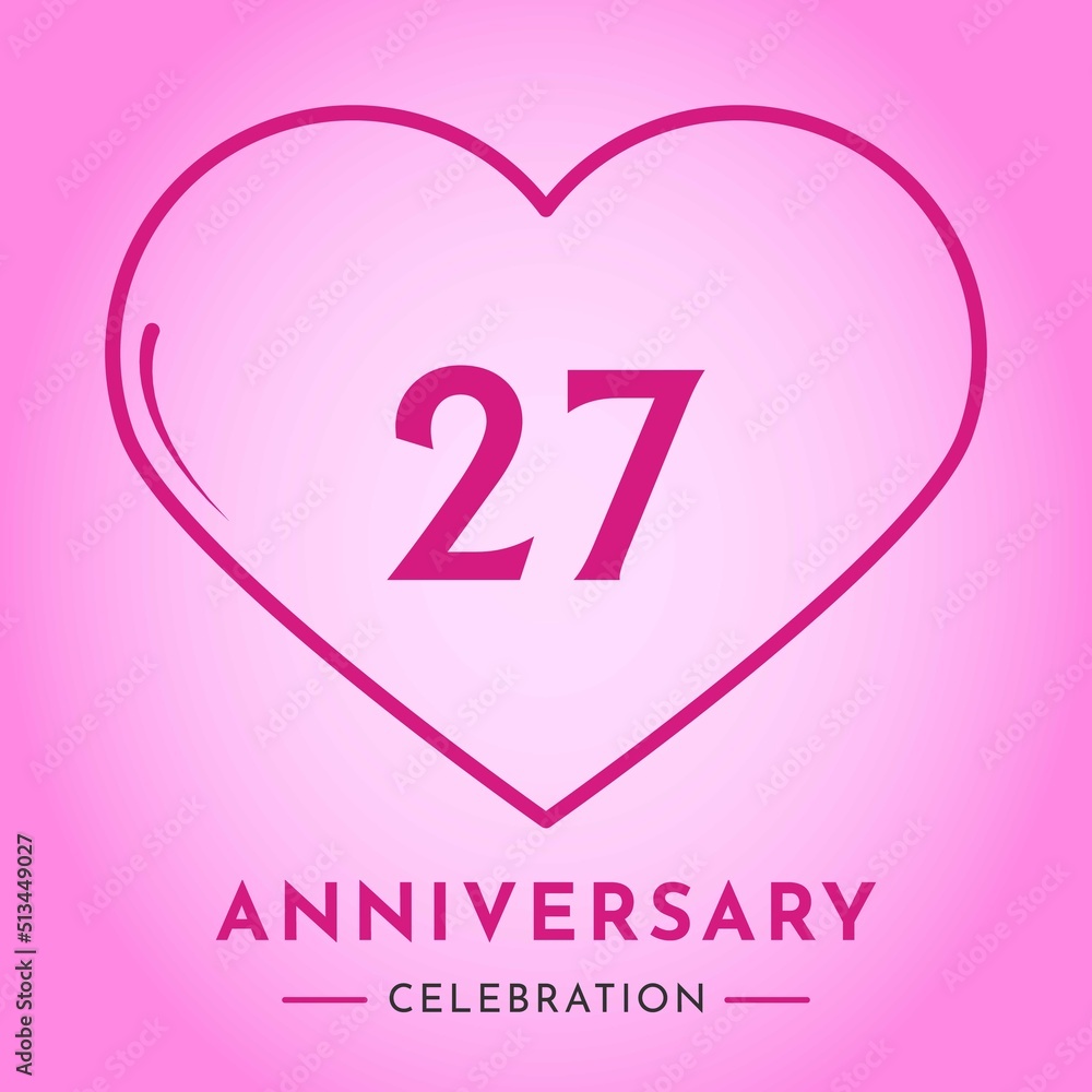 27 years anniversary celebration with heart isolated on pink background. Creative design for happy birthday, wedding, ceremony, event party, marriage, invitation card and greeting card.