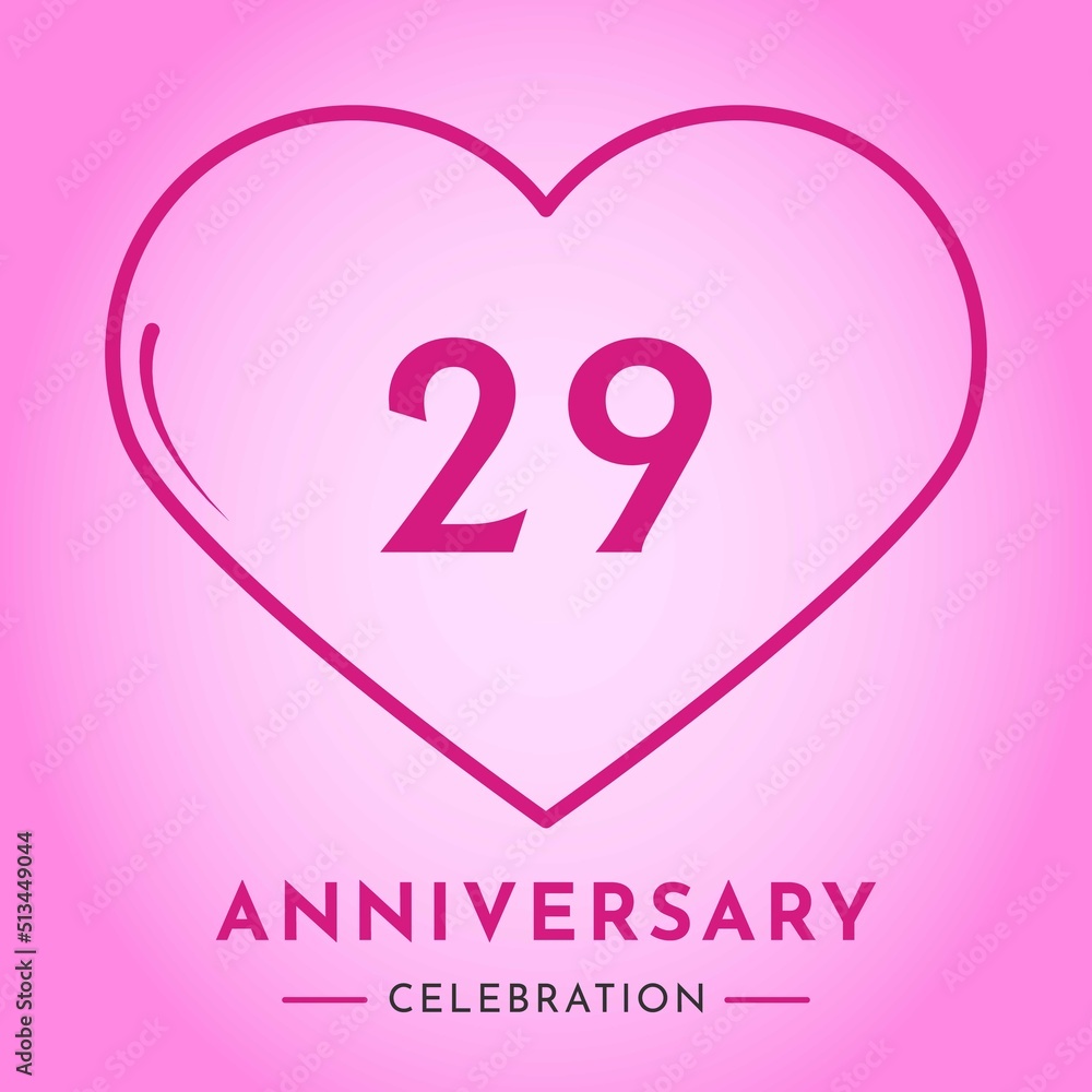 29 years anniversary celebration with heart isolated on pink background. Creative design for happy birthday, wedding, ceremony, event party, marriage, invitation card and greeting card.
