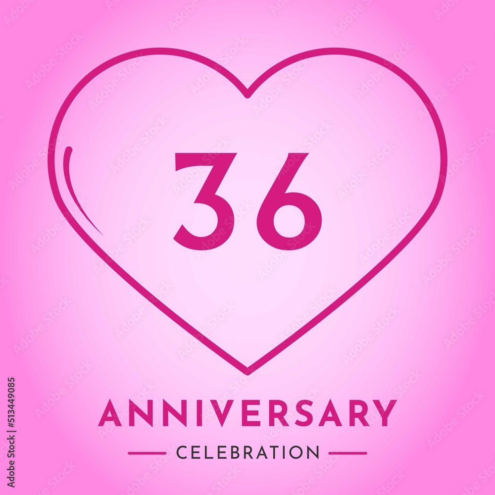 36 years anniversary celebration with heart isolated on pink background. Creative design for happy birthday, wedding, ceremony, event party, marriage, invitation card and greeting card.
