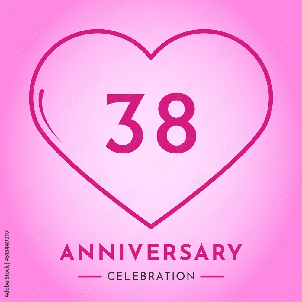 38 years anniversary celebration with heart isolated on pink background. Creative design for happy birthday, wedding, ceremony, event party, marriage, invitation card and greeting card.