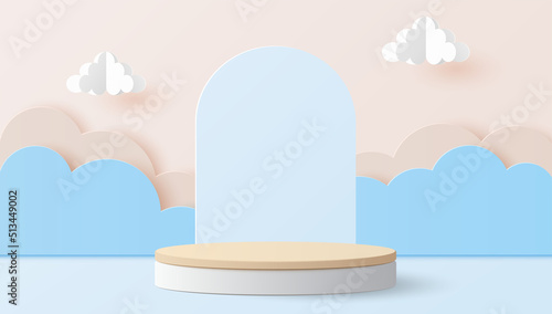 Paper art and digital craft style of wood cylinder podium with clouds for products display presentation, mock up, show cosmetic. Vector illustration