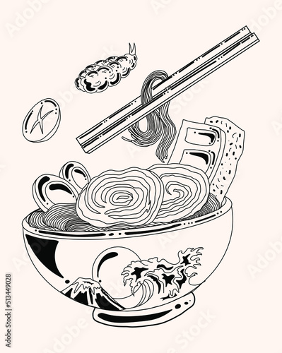 Traditional Japanese ramen and wave for restaurant printing on wallpaper.Ramen vector illustration for doodle art.Sunrise with chopsticks vector for painting on background.