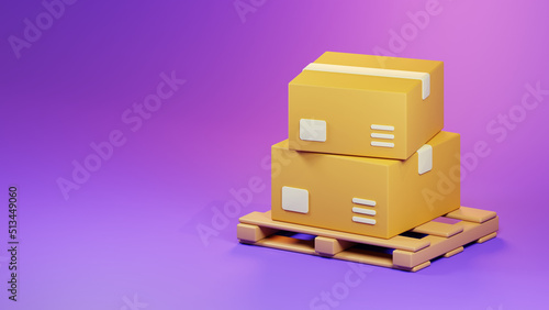 3d render cardboard box stack on wooden pallet isolated on purple background illustration. Warehouse and package delivery concept.