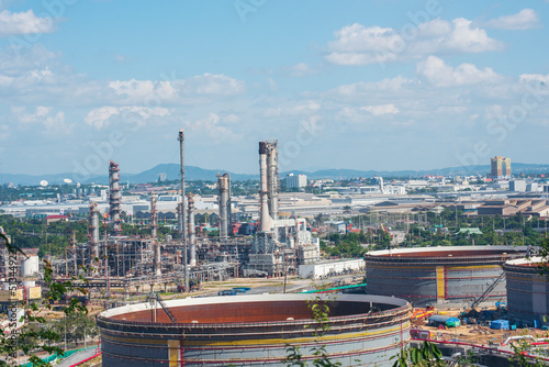 Oil refinery gas petrol plant industry with crude tank, gasoline supply and chemical factory. Petroleum barrel fuel heavy industry oil refinery manufacturing factory plant. Refinery industry concept © aFotostock