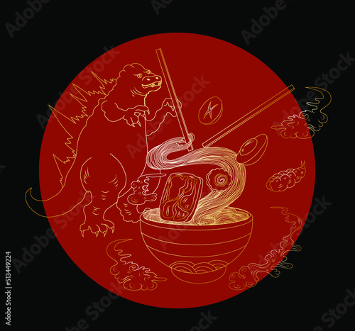 Traditional Japanese ramen and wave for restaurant printing on wallpaper.Ramen vector illustration for doodle art.Sunrise with chopsticks vector for painting on background.