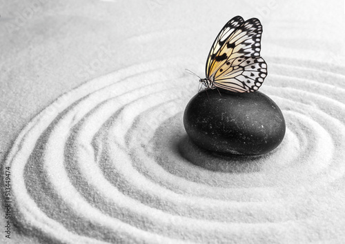 Beautiful butterfly and stone on white sand with pattern. Zen concept