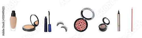Set of different decorative cosmetics on white background. Banner design