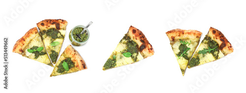 Set of delicious pizza slices with pesto and cheese on white background, top view. Banner design