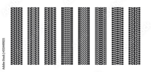 Auto tire tread seamless elements. Car tire patterns, wheel tyre tread track. Tyre print. Set of vector illustrations isolated on white background.