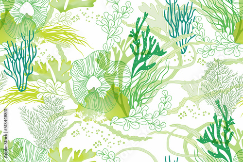 Hand drawn seamless vector pattern. Corals and algae on a white background for printing, fabric, textile, manufacturing, wallpapers. Sea bottom.