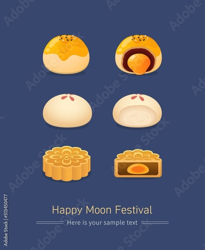 Festivals in Taiwan and China: Mid-Autumn Festival, egg yolk moon cakes, delicious pastries, desserts, different flavors, whole and half