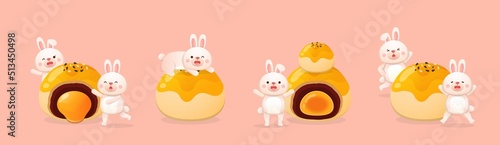 Festivals in Taiwan and China: mid-autumn festival, moon cakes with egg yolks, delicious pastry food desserts, cute rabbit mascot characters