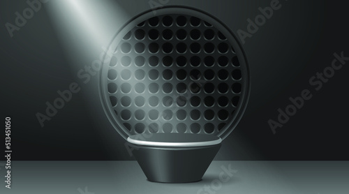 Dark theatre stage in the spotlight ray. Round podium and beam of light. Black 3D pedestal on scene