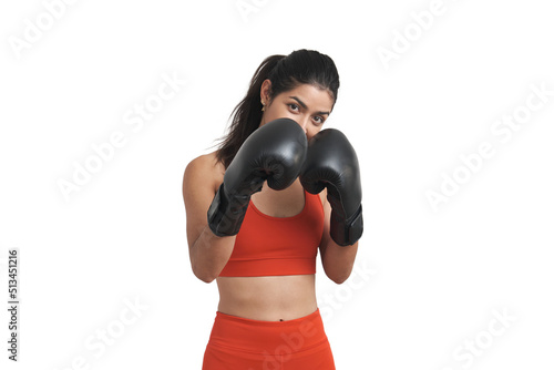 Young Venezuelan woman boxer guarding. Isolated over white background.