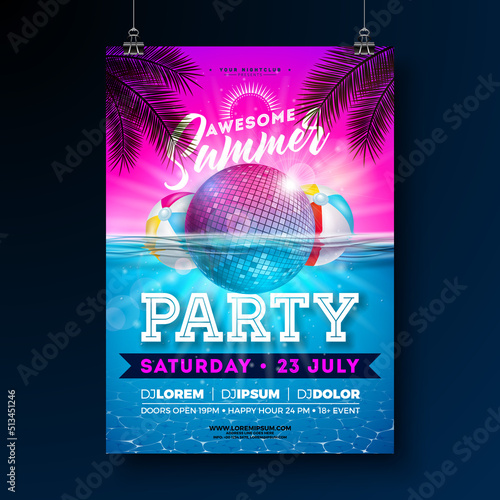 Summer Beach Party Flyer Design with Disco Ball and Beach Ball in Water and Typography on Blue and Violet Background. Vector Summer Holiday Illustration with Exotic Palm Leaves for Banner, Flyer