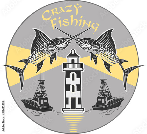 Crazy fishing. Skeleton fisherman catching marlin and tuna
