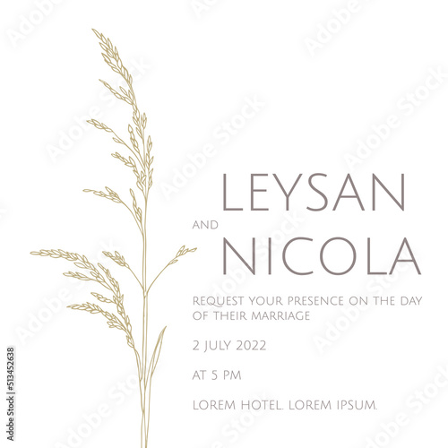 Wedding invitation with blade of grass. Square card template.