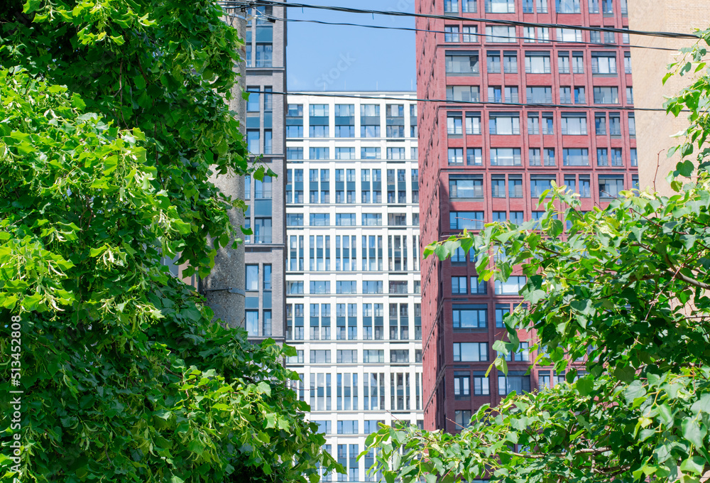 Multicolored high-rise buildings and lush green trees on a summer day. Urban jungle