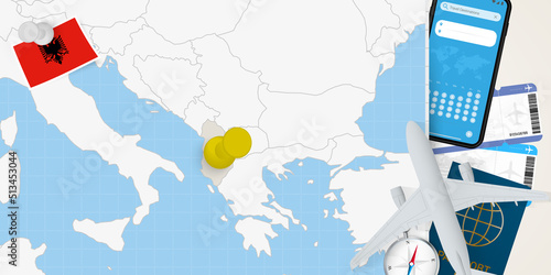 Travel to Albania concept, map with pin on map of Albania. Vacation preparation map, flag, passport and tickets.