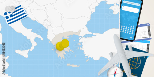 Travel to Greece concept, map with pin on map of Greece. Vacation preparation map, flag, passport and tickets.