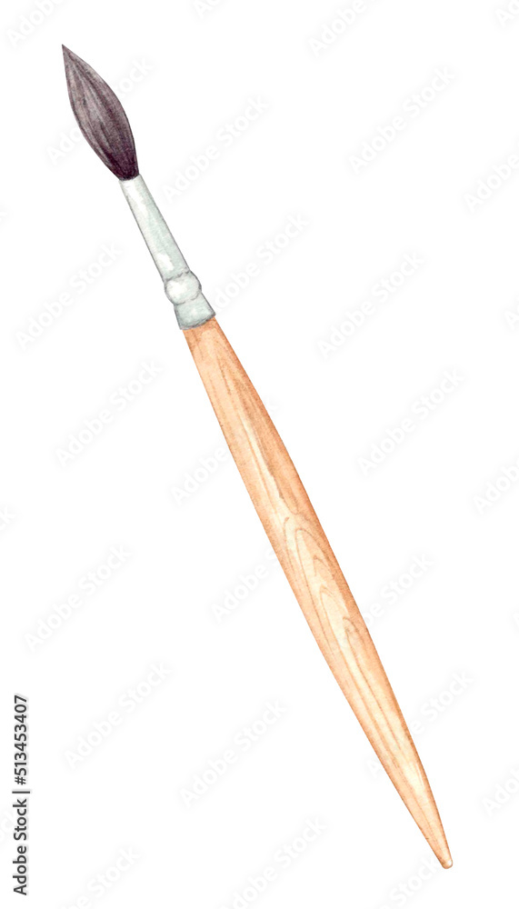 Drawing brush with wooden handle isolated on white background. Hand-drawn watercolor illustration. Drawing brush with wooden handle isolated on white background. Hand-drawn watercolor illustration.