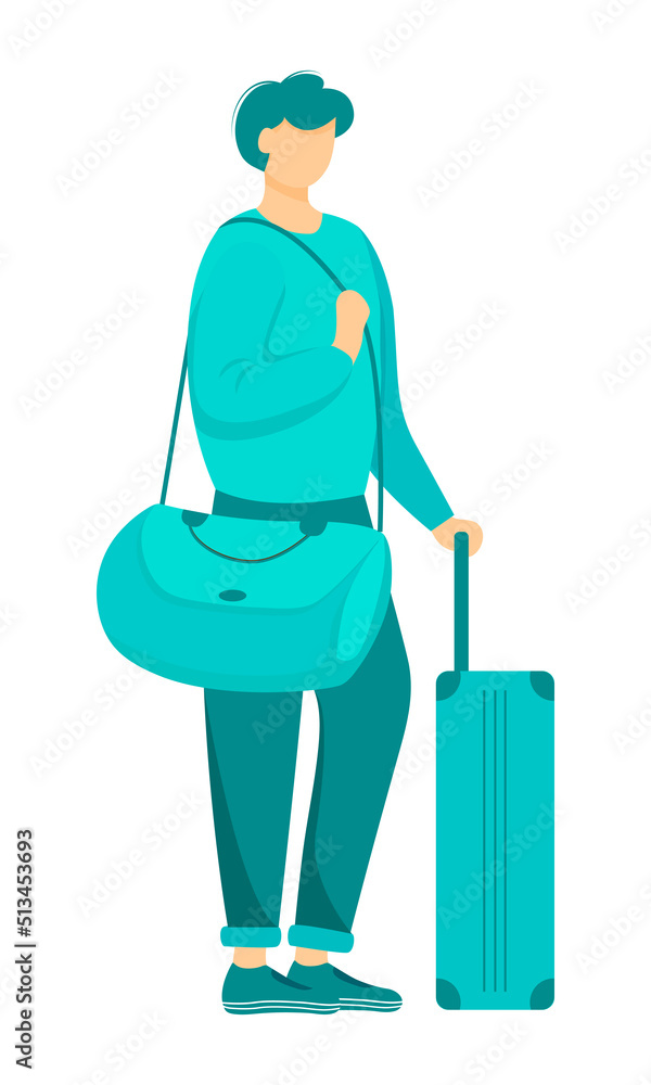 Fototapeta premium Male traveler with baggage semi flat color vector character. Arriving at airport. Standing figure. Full body person on white. Simple cartoon style illustration for web graphic design and animation