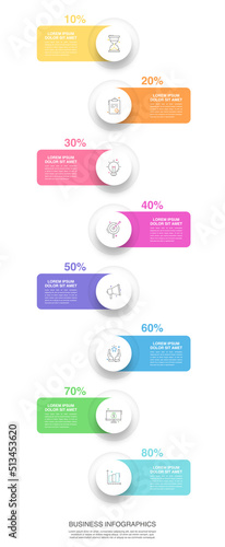 Modern vector infographics design template. Concept with eight steps, labels. Creative timeline with graph elements, percentage circles and icons. Performance analysis in percent