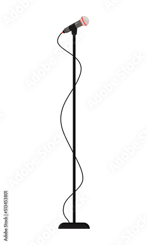 Tall mic stand with microphone semi flat color vector object. Equipment for live performance. Full sized item on white. Simple cartoon style illustration for web graphic design and animation