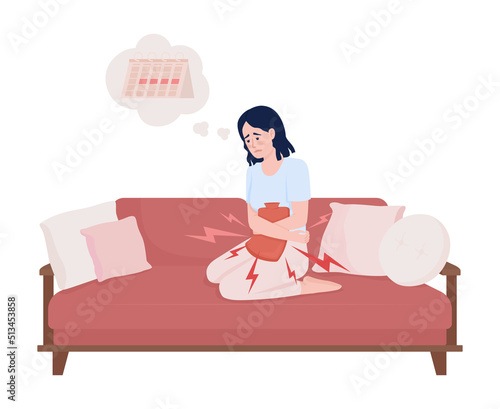 Suffering lady with heating pad for cramps semi flat color vector character. Editable figure. Full body person on white. Simple cartoon style illustration for web graphic design and animation
