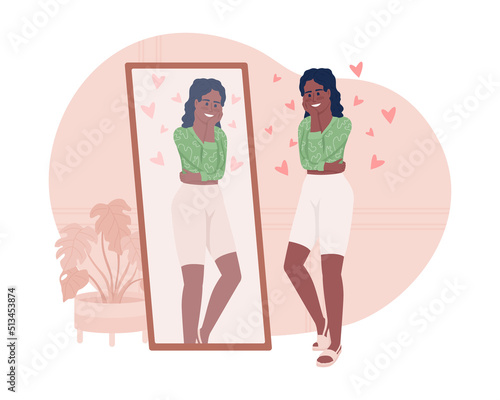 Positive woman near mirror at home 2D vector isolated illustration. Cheerful flat character on cartoon background. Self esteem colourful editable scene for mobile, website, presentation