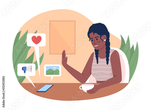 Happy woman avoiding social media usage 2D vector isolated illustration. Cheerful flat character on cartoon background. Life joy colourful editable scene for mobile, website, presentation