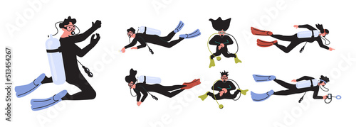 Set of male and female scuba divers with diving equipment