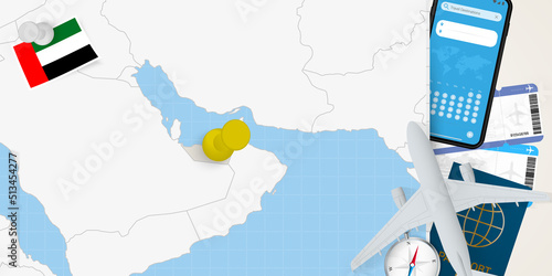 Travel to United Arab Emirates concept, map with pin on map of United Arab Emirates. Vacation preparation map, flag, passport and tickets.