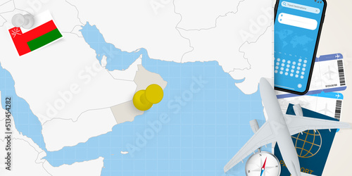 Travel to Oman concept, map with pin on map of Oman. Vacation preparation map, flag, passport and tickets.