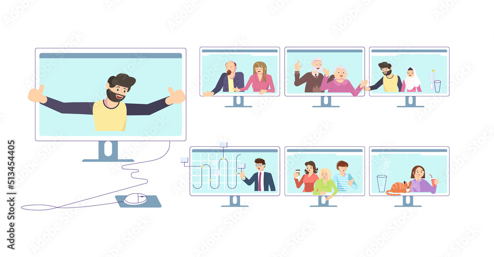 Set of people have a Conference video call, virtual meeting by desktop computer