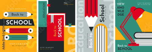 Set of illustration with study supplies. Pencils, books, table lamp. Back to School. Vector backgrounds for poster, banner, flyer, advertising.