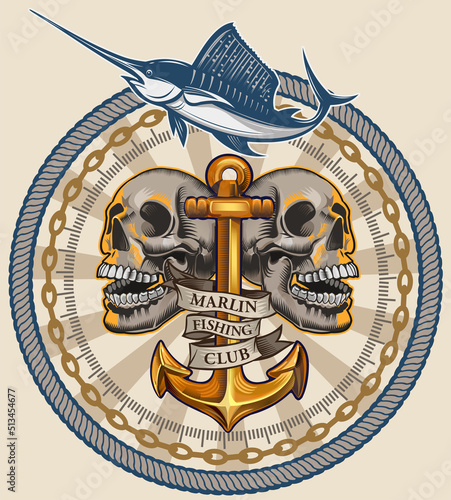 Crazy fishing. Skeleton fisherman catching marlin