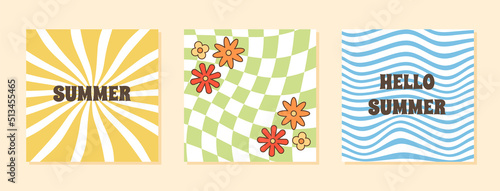 Hello Summer greeting card in 60s 70s retro style. Set of square card with trippy psychedelic checkerboard background and vintage lettering. Poster with daisy flowers. Vector funky hippie illustration